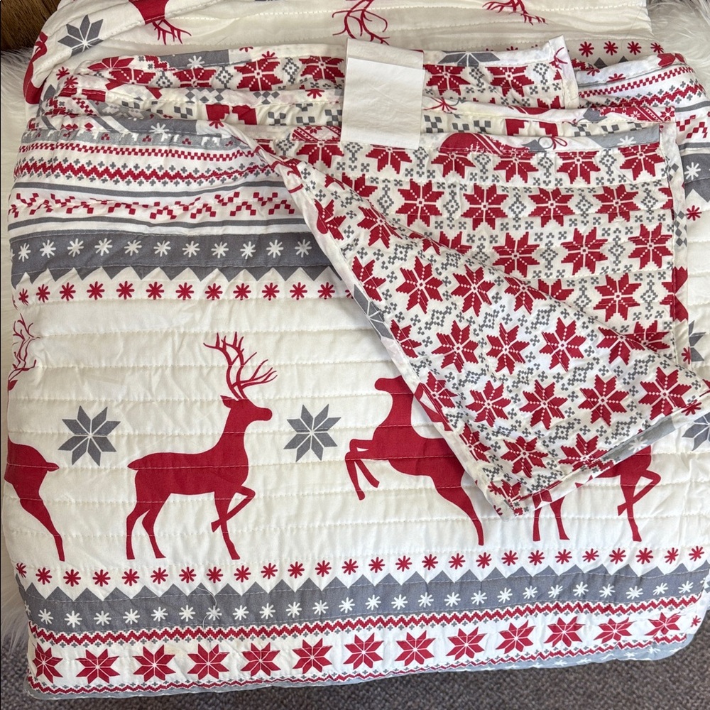 Festive Red and Gray Reindeer Reversible Quilt includes sheets & shams